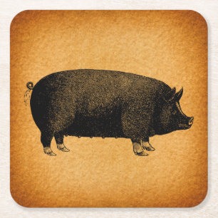 Illustratieve  pig Rustic Art Vierkante Kartonnen Onderzetter