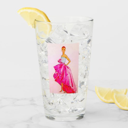 Illustration de mode, Lady en verre rose (Devant glace)