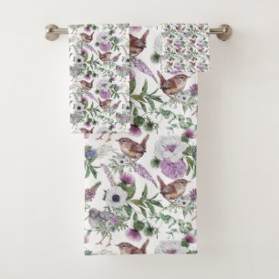 Illustration de pinsons floraux violets et verts