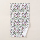 Illustration de pinsons floraux violets et verts (Serviette à main)