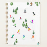 Illustration du snowboard des Snowboarders<br><div class="desc">Illustration fantaisiste cool de snowboarders colorés, snowboard downhill dans les montagnes entre pins, épinettes et pins sur la neige fraîche en poudre. Le snowboard et le sport de plein air de Noël dans une forêt d'hiver. Cadeaux de snowboard. Design de snowboard pour lui</div>