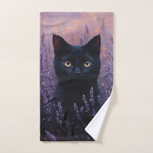 Illustration d'un chat noir dans un champ de lavan (Serviette à main)