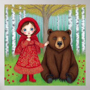 🌲 Illustration Fille Et Ours Forêt Art Mural Pour