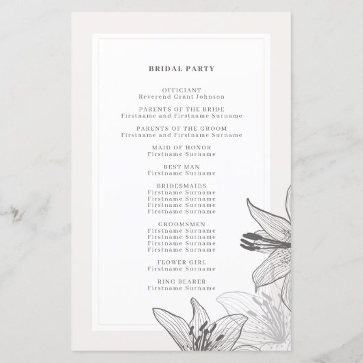 Illustration Floral Lys Programmes de mariage (Dos)