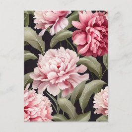 Illustration pink peony flowers with green leaves briefkaart