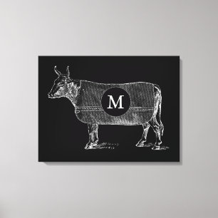 ILLUSTRATION vintage Vache Monogramme toile noire