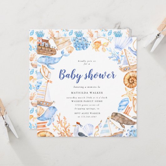 illustrations de plage nautique Invitation baby sh (Devant/Arrière en situation)