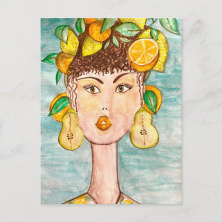 Ilustración de chica con frutas en la cabeza briefkaart