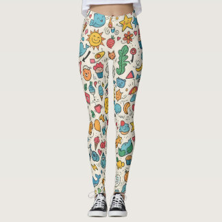 Ilustración Doodle Kawaii Ecléctica con Gatos Leggings