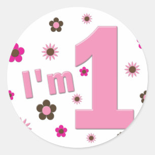 "I'm 1" roze en bruin bloemen verjaardag Ronde Sticker