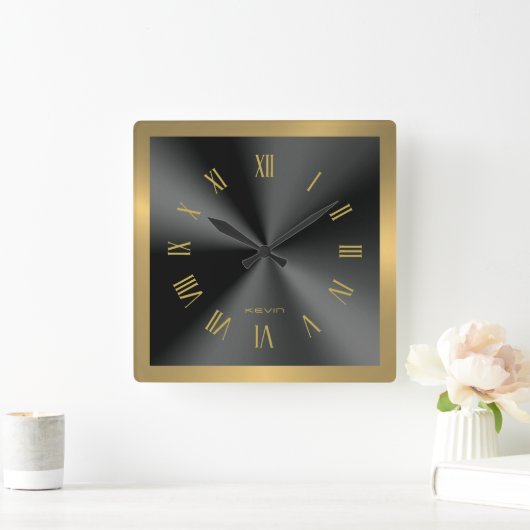 Image of Black & Gold & Metallic Stainless Steel Vierkante Klok (Huis)