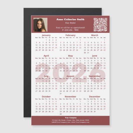 Image QR-code Burgundy White 2026 Calendar Magnet (Voorkant / Achterkant)
