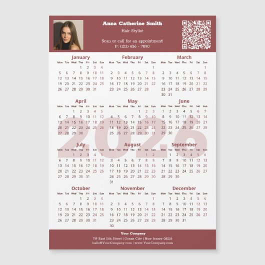 Image QR-code Burgundy White 2026 Calendar Magnet (Devant)