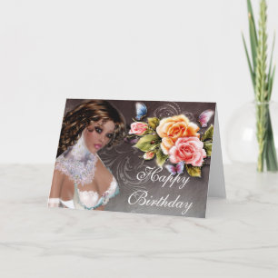 Imaginaire Brunette avec carte d'anniversaire Rose