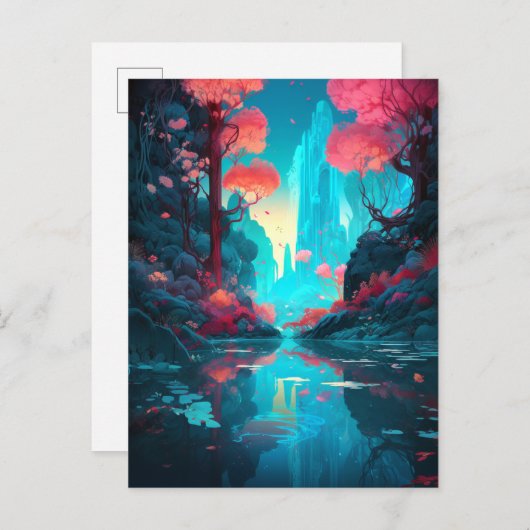 Imaginaire Paysage Forêt bleu rose Carte postale (Devant / Derrière)