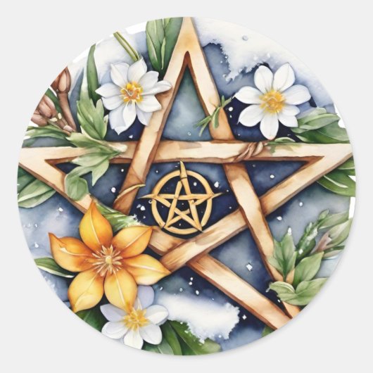 Imbolc Floral Snowy Pentacle Wiccan Vakantie Ronde Sticker (Voorkant)
