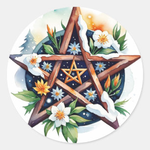 Imbolc Floral Snowy Pentacle Wiccan Vakantie Ronde Sticker