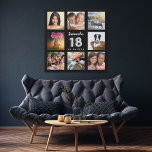 Imitation Canevas 18e anniversaire noir argent collage photo personn<br><div class="desc">Un cadeau unique pour le 18ème anniversaire d'une fille, célébrant sa vie avec un collage de 8 de vos propres photos, photos. Personnalisez et ajoutez son nom et une date. Un arrière - plan noir chic. Le nom est écrit avec un script moderne de style lettré à la main, numéro...</div>