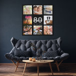 Imitation Canevas 80e anniversaire photo collage noir monogramme<br><div class="desc">Un cadeau unique de 80e anniversaire ou de conservation, célébrant sa vie avec un collage de 8 de vos photos. Ajoutez des images de sa famille, de ses amis, de ses animaux de compagnie, de ses loisirs ou de sa destination de voyage de rêve. Personnalisez et ajoutez un nom, 80...</div>