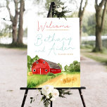 Imitation Canevas Affiche de bienvenue Mariage de Red Barn Farm<br><div class="desc">Bienvenue à vos invités dans votre mariage avec ce magnifique panneau d'accueil mariage aquarelle avec une grange rouge avec une scène de paysage vert. Parfait pour une grange ou un mariage à thème de ferme</div>
