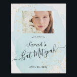 Imitation Canevas Aquarelle Bleu x Bat mitzvah or Photo Bienvenue<br><div class="desc">Cette enseigne/connexion bat mitzvah chic et élégante présente un arrière - plan blanc avec des touches de pinceau bleu turquoise en aquarelle et des plaques de faux or. Personnalisez-le selon vos besoins. Vous pouvez trouver d'autres produits correspondants dans mon magasin.</div>