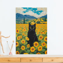 Chat noir dans champ de tournesols Impression sur