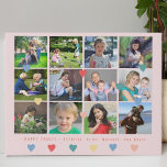 Imitation Canevas Collage photo personnalisé nom de famille coeurs c<br><div class="desc">Joyeux script de famille nom keepsaké cadeau avec 12 photos de carré personnalisées collage et coeurs colorés répartis sur un arrière - plan pastel rose (changeable).             Téléchargez vos photos et personnalisez le texte !</div>