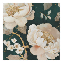 Elégante Peony Faux de Crème Imprimer - Vert foncé