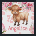 Imitation Canevas Floral de Boho rose de vache de Highland<br><div class="desc">Chambre pour enfants personnalisée Highland Cow Pink décoration murale à fleurs rose.</div>