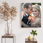 Imitation Canevas Love White Script Photo Overlay Mariage<br><div class="desc">Créez un élégant imprimé de fausse toile personnalisée pour célébrer votre mariage. "love" superpose votre photo dans un script blanc élégant avec des swashes. Ajoutez vos noms dans la typographie blanche moderne.</div>
