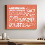 Imitation Canevas Règles de famille Nom personnalisé Corail positif<br><div class="desc">Créez une atmosphère chaleureuse et accueillante dans votre maison avec cette impression de toile de corail personnalisée. Doté d'un design moderne avec des règles familiales et de l'espace pour ajouter votre nom de famille en texte blanc, cet art mural est une belle façon de célébrer votre lien unique. Un complément...</div>