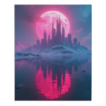 Ville Alien rétro-futuriste avec Lune rose néon -