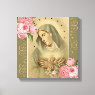 "Immaculate Heart van Mary Roses Lilies Stars Canvas Afdruk