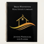 Immobilier Black Gold Custom Realtor 2026 Société<br><div class="desc">Ce planificateur immobilier chic 2026 est fait sur mesure avec votre nom de société immobilière et de mandataire. Ce carnet élégant en noir et or est doté d'une jolie maison surmontée d'une girouette et de courbes élégantes en dessous. Personnalisez ce cadeau de marketing d'entreprise avec vos propres informations.</div>