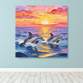 Impasto Dolphins and Ocean Waves Canvas Afdruk
