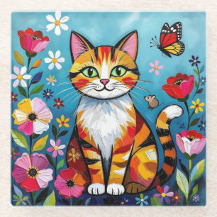 Impasto Kat, Bloemen & Vlinder Glazen Onderzetter