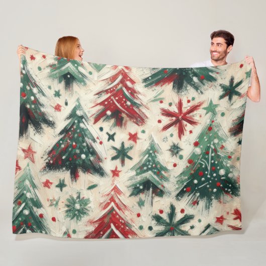 Impasto Rode en Groene Kerstbomen Collage Fleece Deken (In situ)