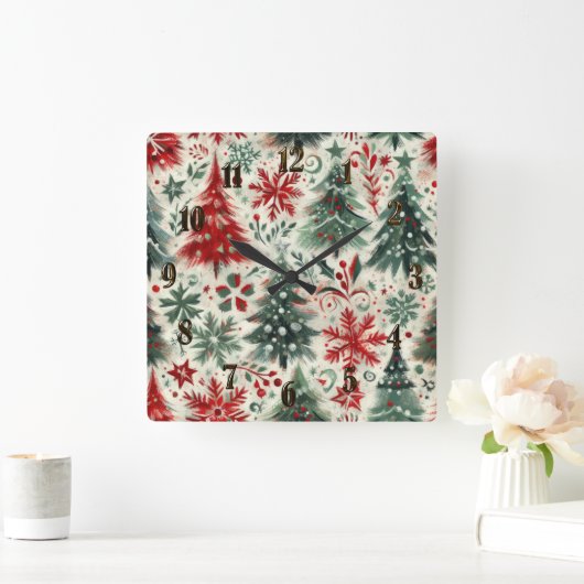 Impasto Rood en Groen Kerstmis Motieven Collage Vierkante Klok (Huis)
