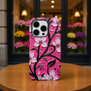 Impasto roze bloemen en zwarte stengels iPhone 16 pro hoesje
