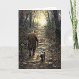 Impasto-schilderij van man en zijn hond die heuvel kaart