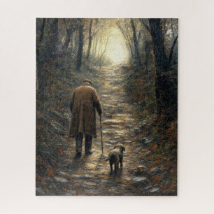 Impasto-schilderij van man en zijn hond die heuvel legpuzzel