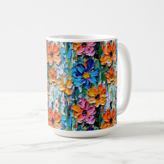 Impasto-stijl bloemen in een kleurrijke monogram koffiemok (Voorkant rechts)