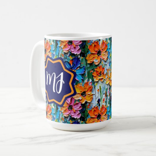 Impasto-stijl bloemen in een kleurrijke monogram koffiemok (Voorkant links)