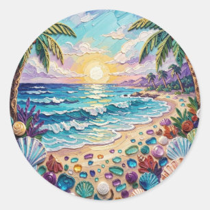 Impasto-strand en zee glas zonsondergang en palmbo ronde sticker