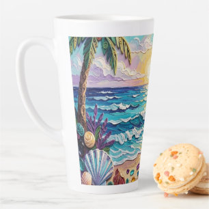 Impasto-strand en zee glas zonsondergang en zonsop latte mok