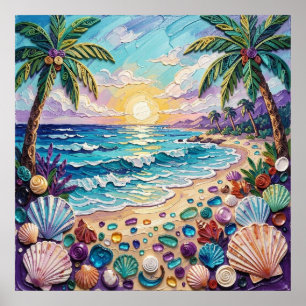 Impasto Strand en Zee Glas Zonsondergang en Zonsop Poster