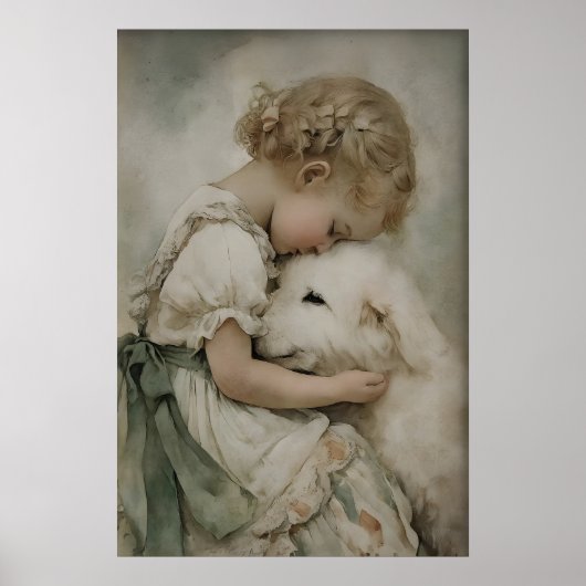 Impression antique d'une fille et d'un chien, vert (Devant)