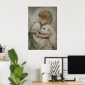 Impression antique d'une fille et d'un chien, vert (Bureau à domicile)