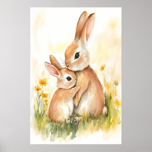 Impression aquarelle de lapin, maman et enfant, mu