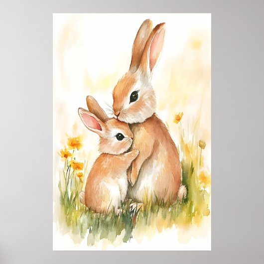 Impression aquarelle de lapin, maman et enfant, mu (Devant)